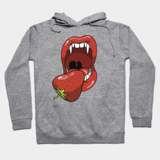 Mouth with vampire teeth about to take a bite into a strawberry Hoodie